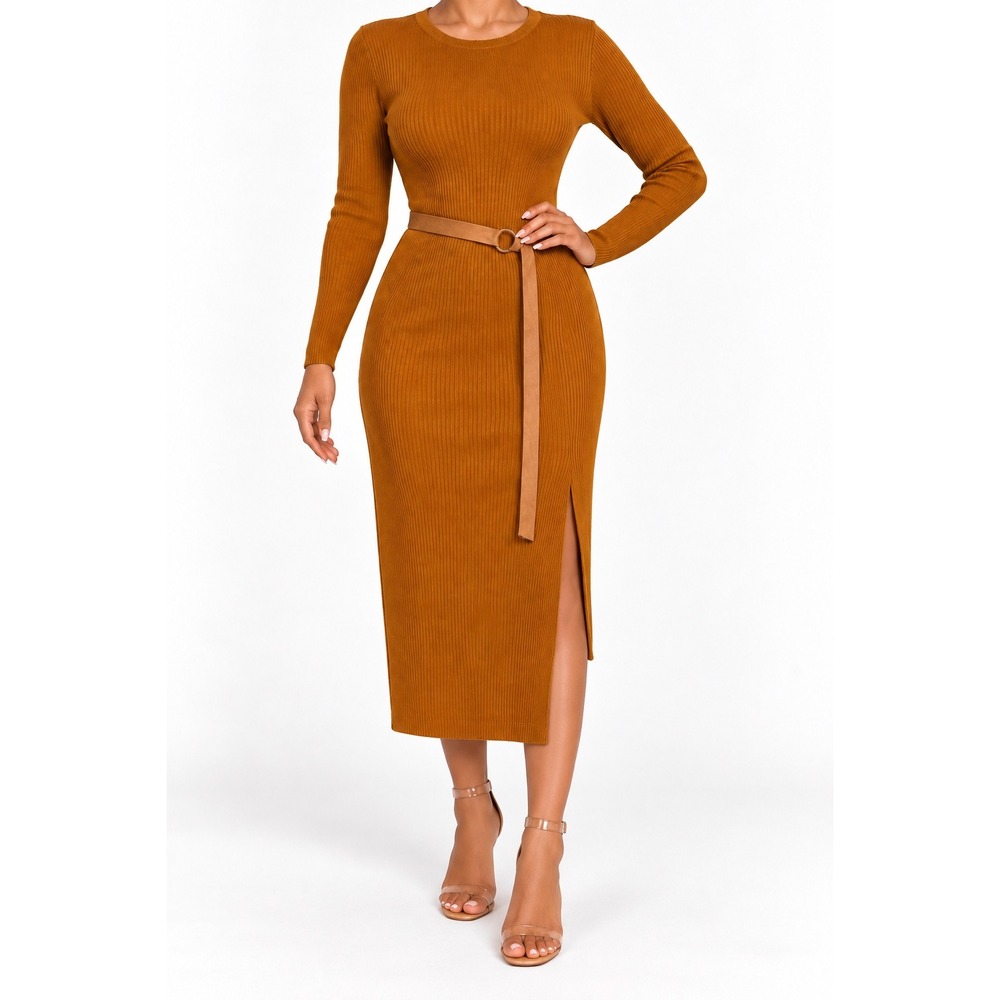 Forever 21+ Womens Ribbed Knit Long Sleeve Belted Midi Dress Mustard 1X NWT